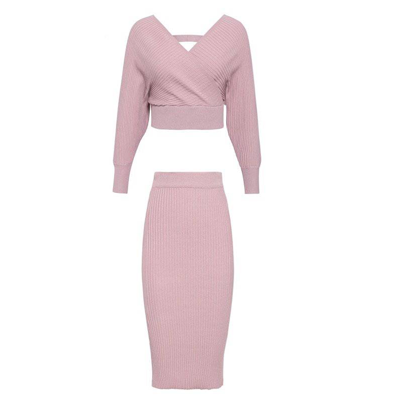 FREE SHIPPING Sexy v-neck women knitted skirt suits Autumn winter ...