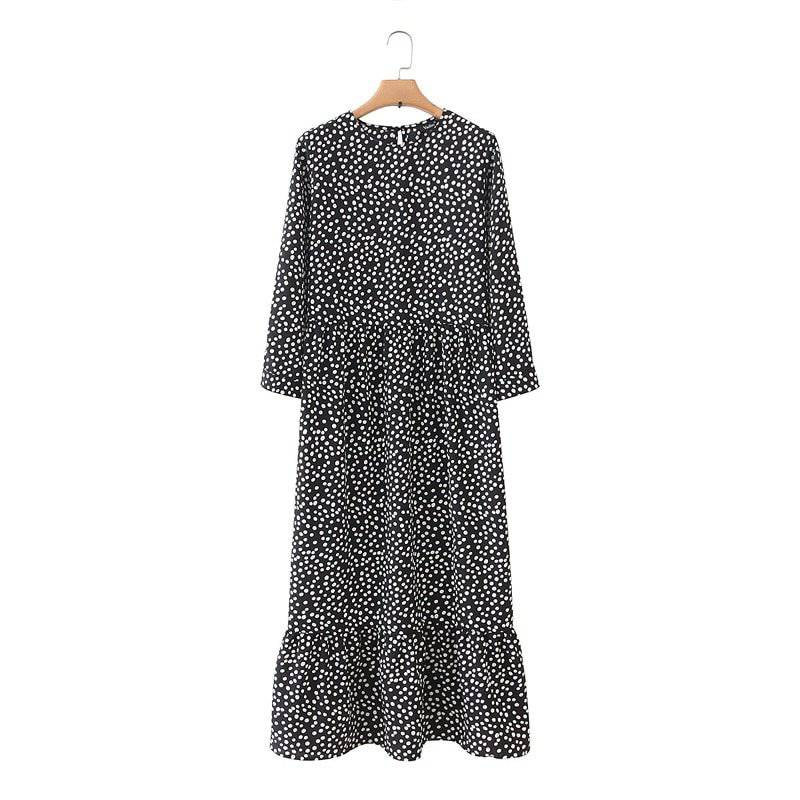 women dots print maxi dress pleated three quarter sleeve female casual ...