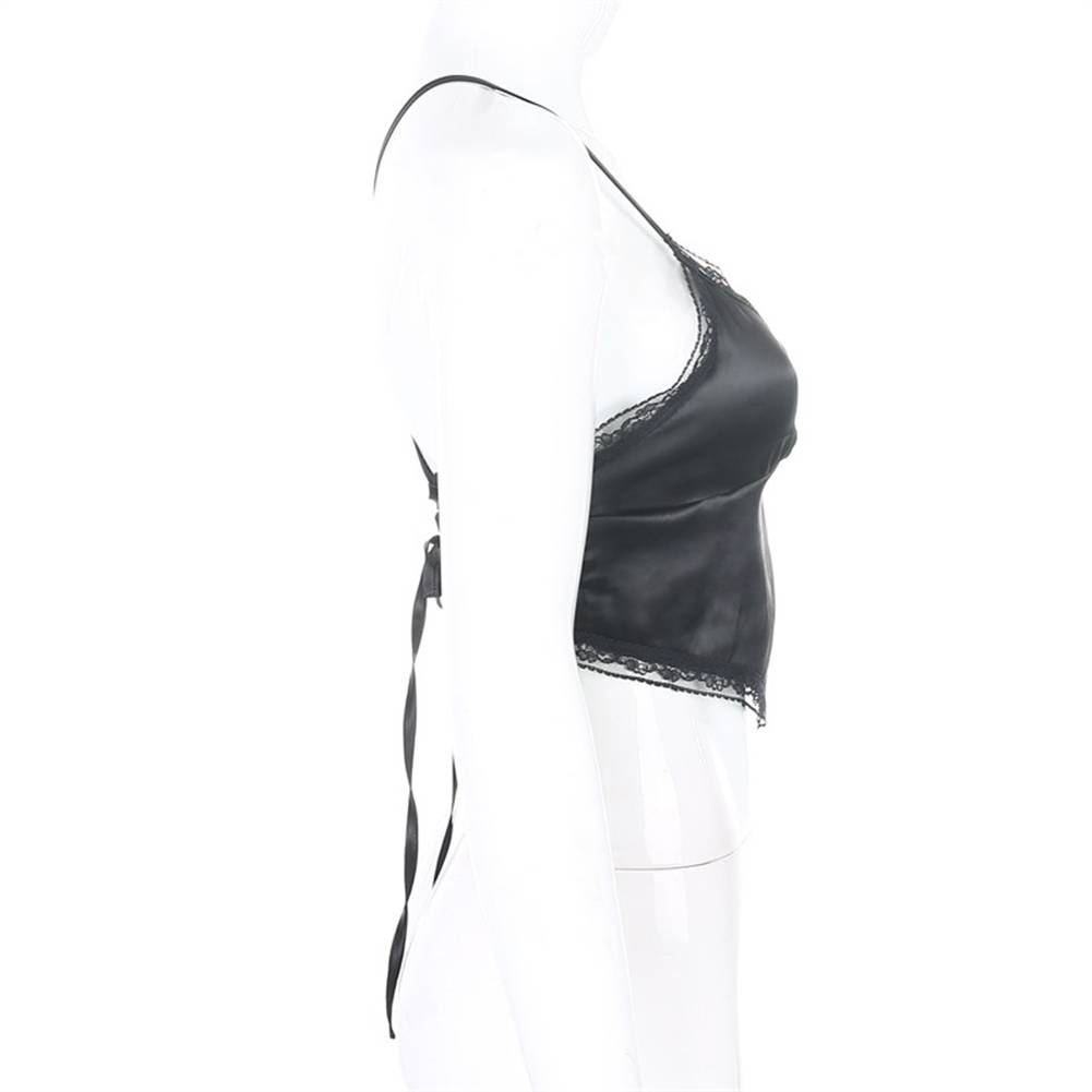 Y2K Fashion Bandage Lace Trim Cami Tops E-girl Sweet Spaghetti Strap V-neck Backless Satin Crop Tops Streetwear Sexy Party Tops