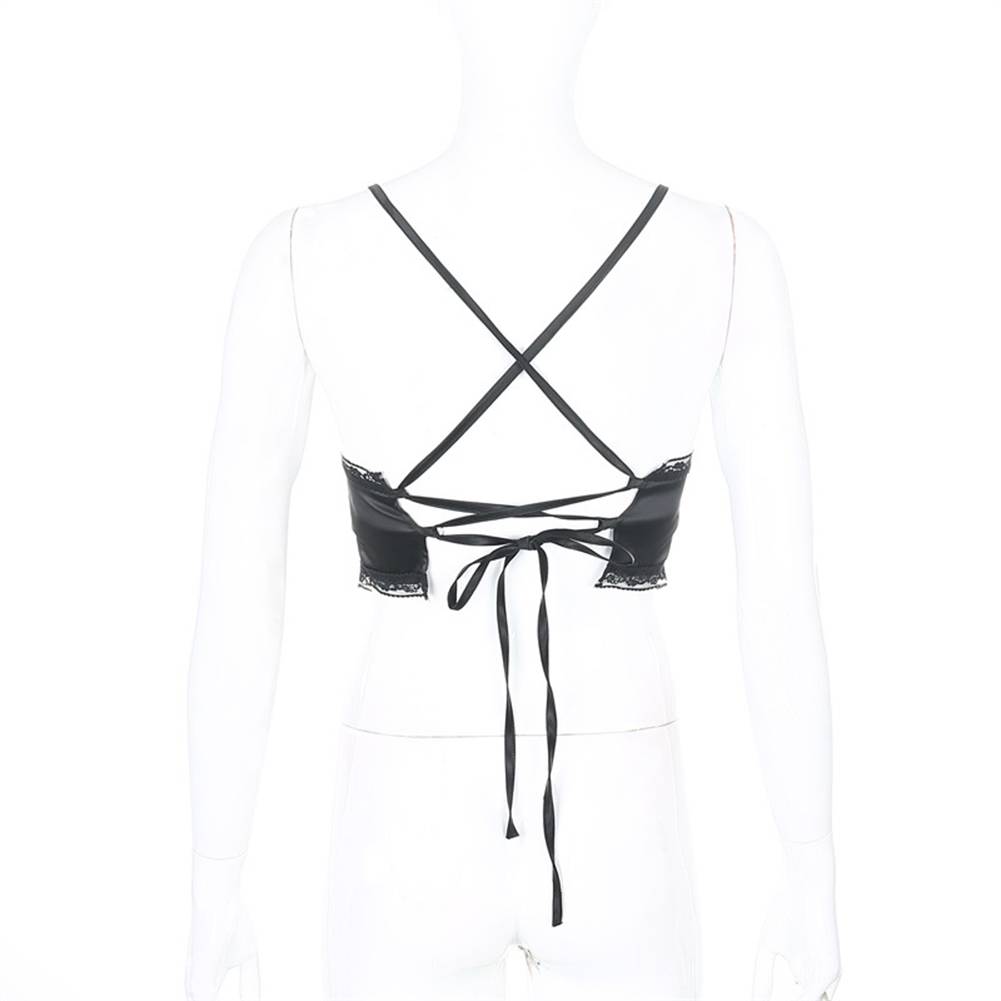 Y2K Fashion Bandage Lace Trim Cami Tops E-girl Sweet Spaghetti Strap V-neck Backless Satin Crop Tops Streetwear Sexy Party Tops