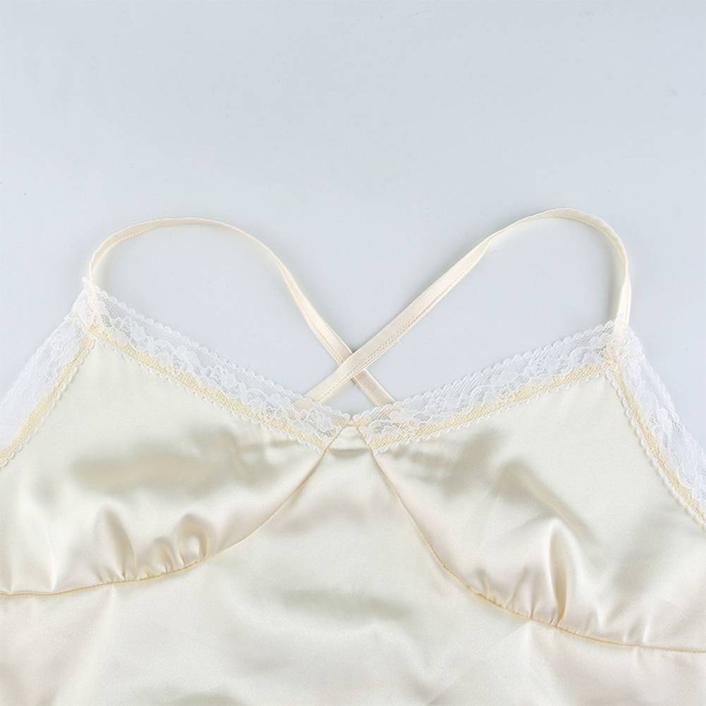 Y2K Fashion Bandage Lace Trim Cami Tops E-girl Sweet Spaghetti Strap V-neck Backless Satin Crop Tops Streetwear Sexy Party Tops