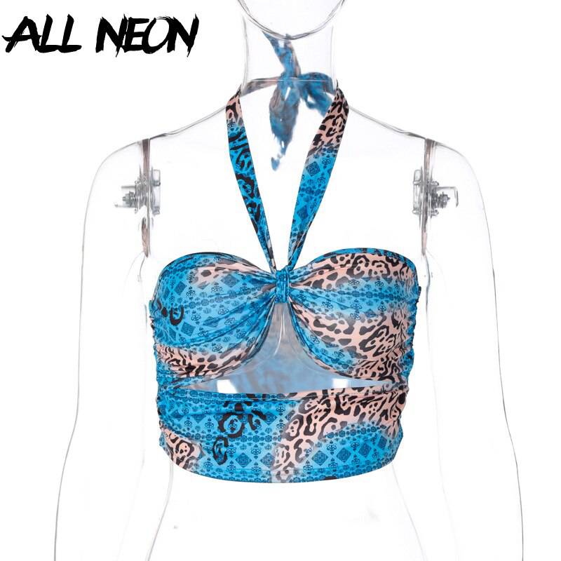 ALLNeon Y2K Fashion Camouflage Hollow Out Bandage Cropped Tops Punk Style Halter Backless Tank Tops Vintage Rave E-girl Outfits