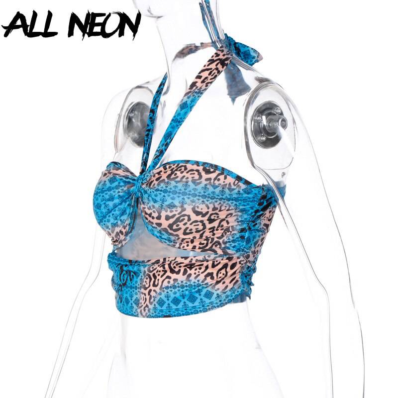 ALLNeon Y2K Fashion Camouflage Hollow Out Bandage Cropped Tops Punk Style Halter Backless Tank Tops Vintage Rave E-girl Outfits