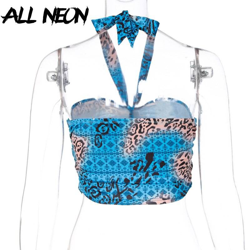 ALLNeon Y2K Fashion Camouflage Hollow Out Bandage Cropped Tops Punk Style Halter Backless Tank Tops Vintage Rave E-girl Outfits