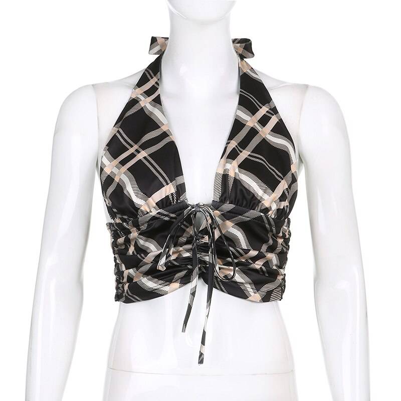 Vintage Retro y2k Crop Tops for Women Sexy Backless Ribbed Lace-up Camisole Harajuku Aesthetic 90s Halter Tops Tee Cuteandpsycho