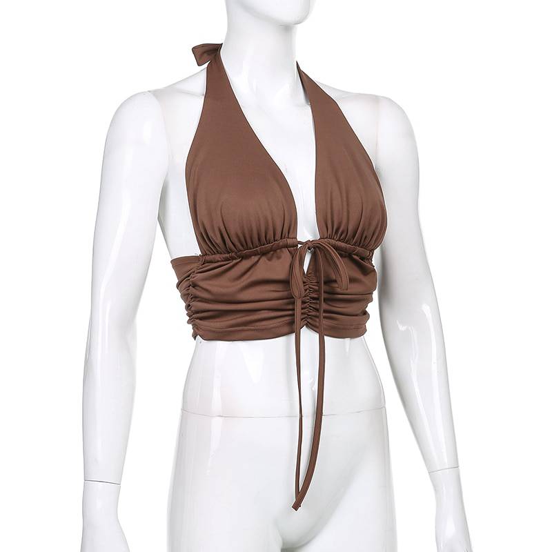 Vintage Retro y2k Crop Tops for Women Sexy Backless Ribbed Lace-up Camisole Harajuku Aesthetic 90s Halter Tops Tee Cuteandpsycho