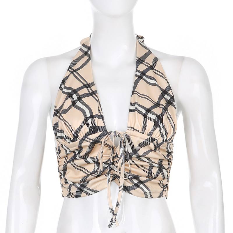 Vintage Retro y2k Crop Tops for Women Sexy Backless Ribbed Lace-up Camisole Harajuku Aesthetic 90s Halter Tops Tee Cuteandpsycho