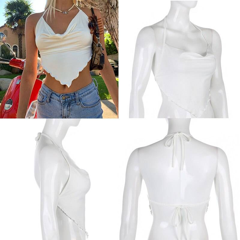 Vintage Retro y2k Crop Tops for Women Sexy Backless Ribbed Lace-up Camisole Harajuku Aesthetic 90s Halter Tops Tee Cuteandpsycho