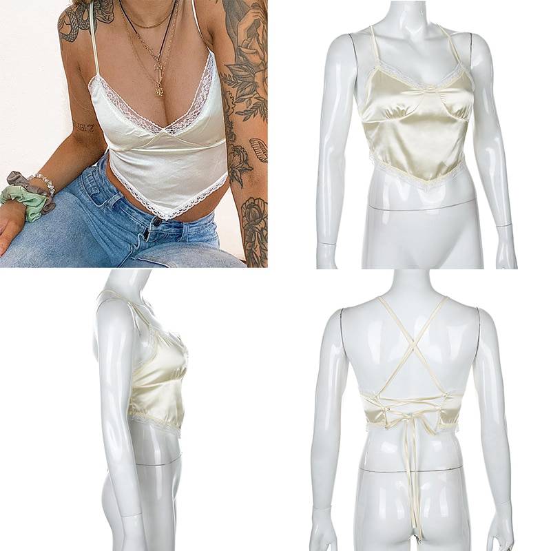 Vintage Retro y2k Crop Tops for Women Sexy Backless Ribbed Lace-up Camisole Harajuku Aesthetic 90s Halter Tops Tee Cuteandpsycho