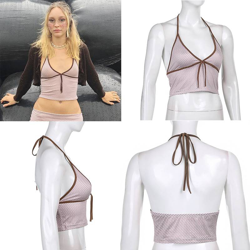 Vintage Retro y2k Crop Tops for Women Sexy Backless Ribbed Lace-up Camisole Harajuku Aesthetic 90s Halter Tops Tee Cuteandpsycho