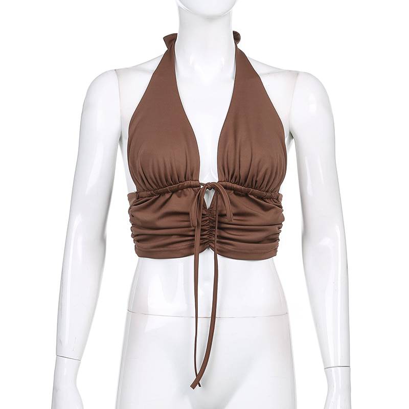 Vintage Retro y2k Crop Tops for Women Sexy Backless Ribbed Lace-up Camisole Harajuku Aesthetic 90s Halter Tops Tee Cuteandpsycho