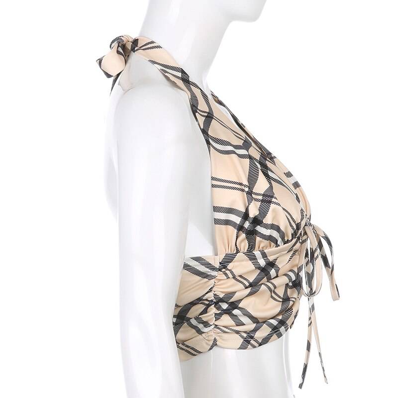 Vintage Retro y2k Crop Tops for Women Sexy Backless Ribbed Lace-up Camisole Harajuku Aesthetic 90s Halter Tops Tee Cuteandpsycho