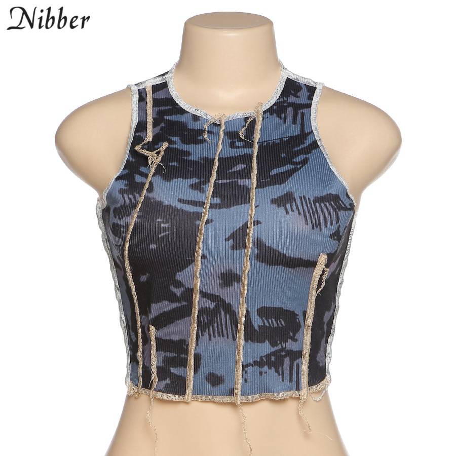 Nibber bodycon Tie-dye casual tank top female Gothic street Patchwork camisole summer club sleeveless knitting crop tops femme Women Bodycon Tie-dye Knitting Crop Tops OG0754
