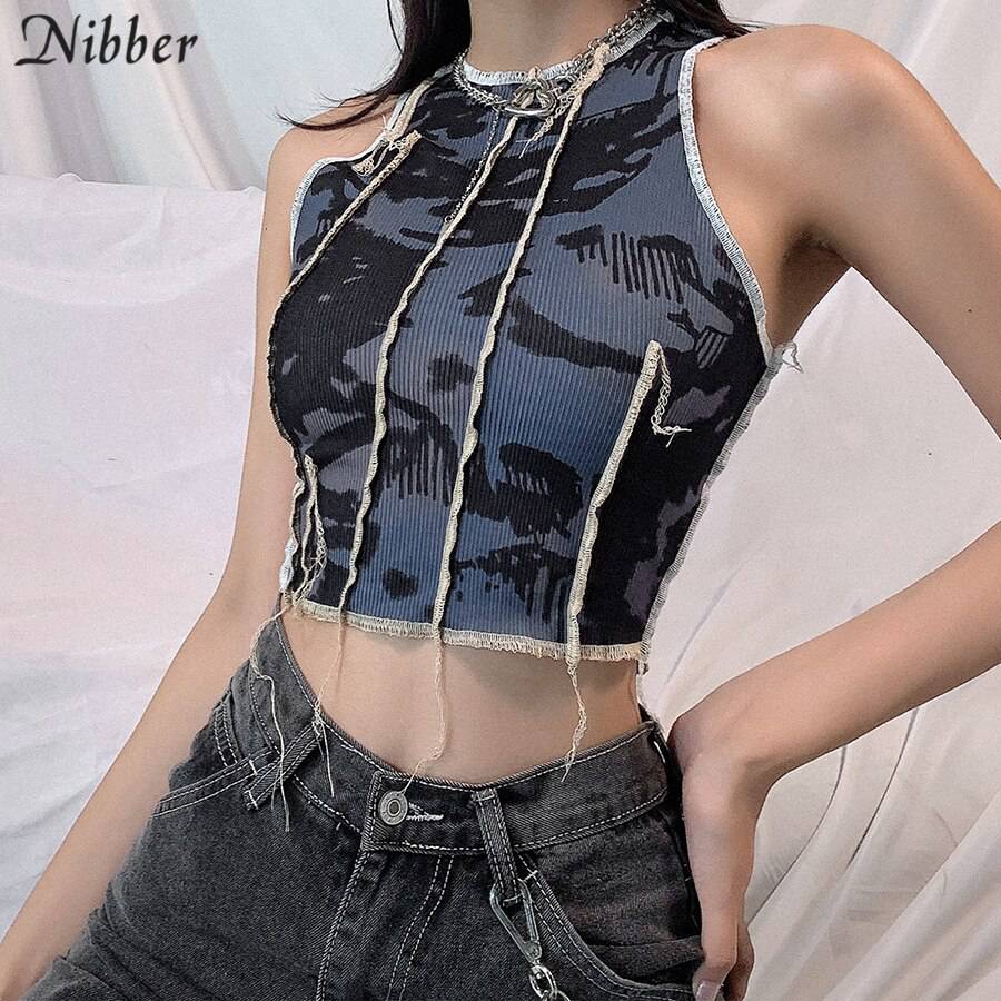 Nibber bodycon Tie-dye casual tank top female Gothic street Patchwork camisole summer club sleeveless knitting crop tops femme Women Bodycon Tie-dye Knitting Crop Tops OG0754
