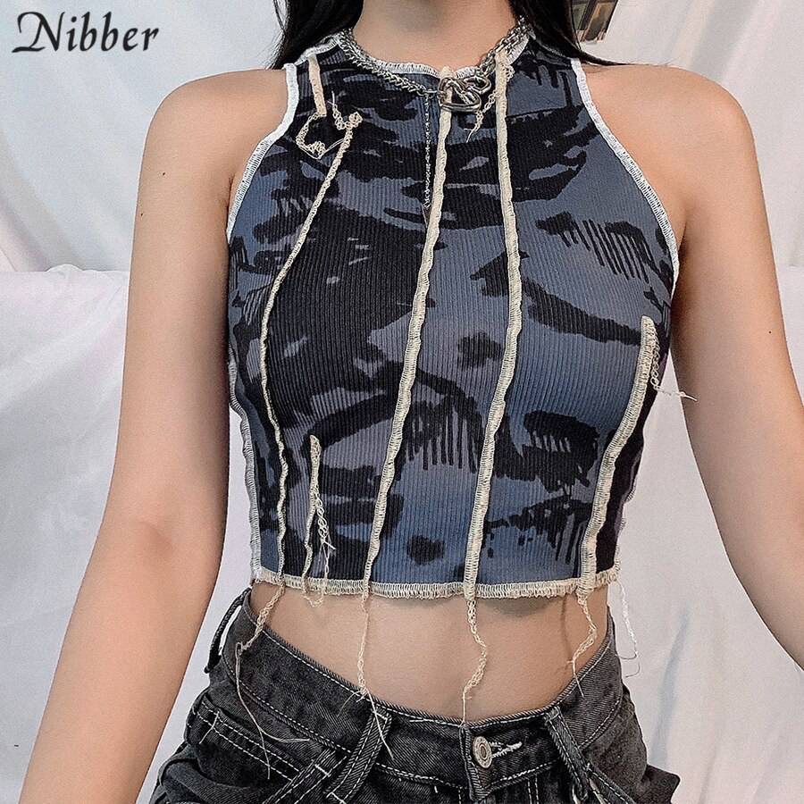Nibber bodycon Tie-dye casual tank top female Gothic street Patchwork camisole summer club sleeveless knitting crop tops femme Women Bodycon Tie-dye Knitting Crop Tops OG0754