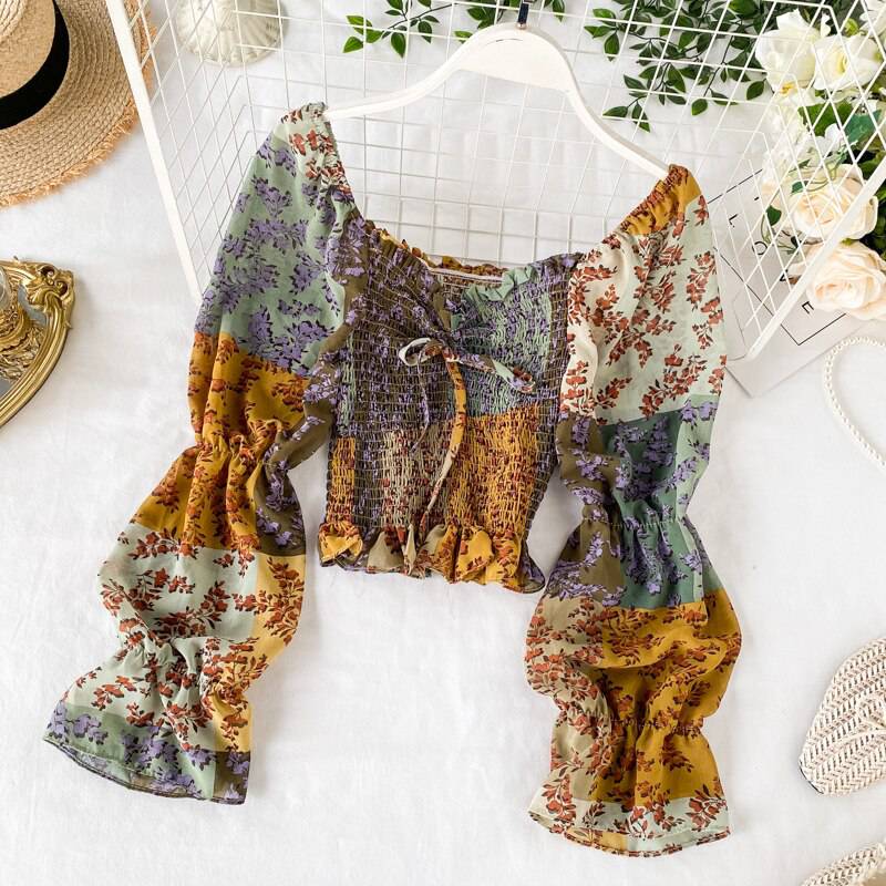 Women Long Puff Sleeve Ruffle Chiffon Blouse OG0757