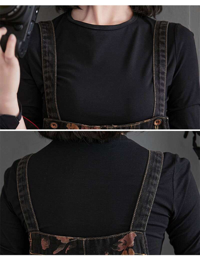 Black Denim Overalls Oversized Floral Print OUT0767 Black Denim Overalls Oversized Floral Print OUT0767