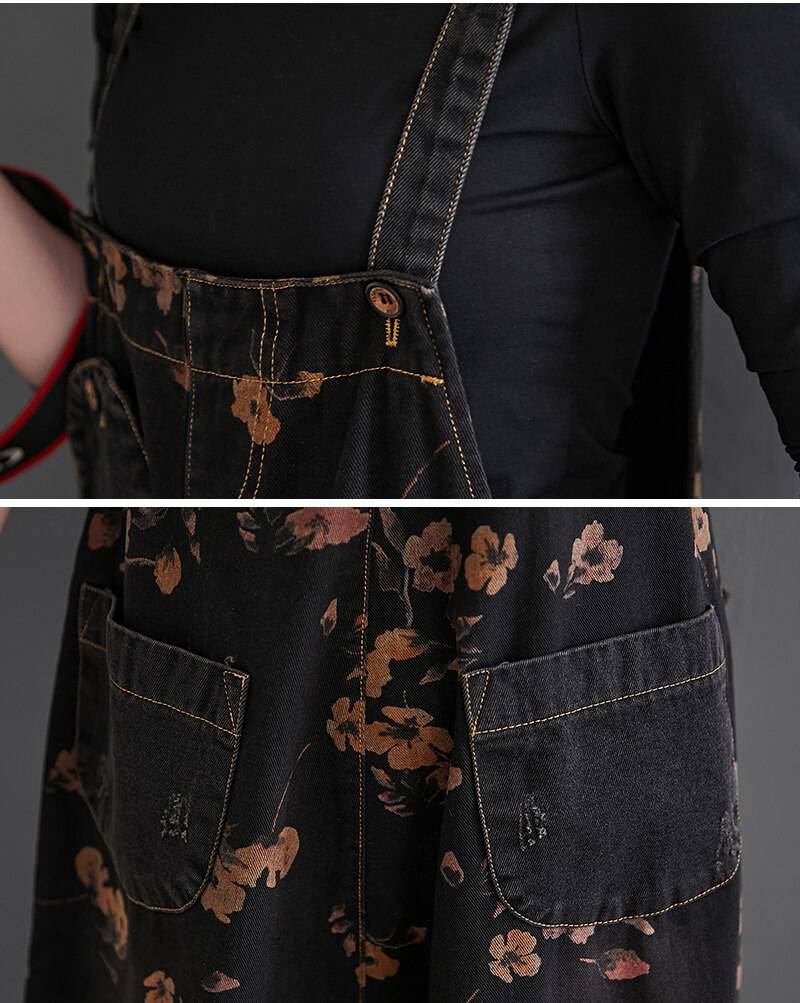 Black Denim Overalls Oversized Floral Print OUT0767 Black Denim Overalls Oversized Floral Print OUT0767