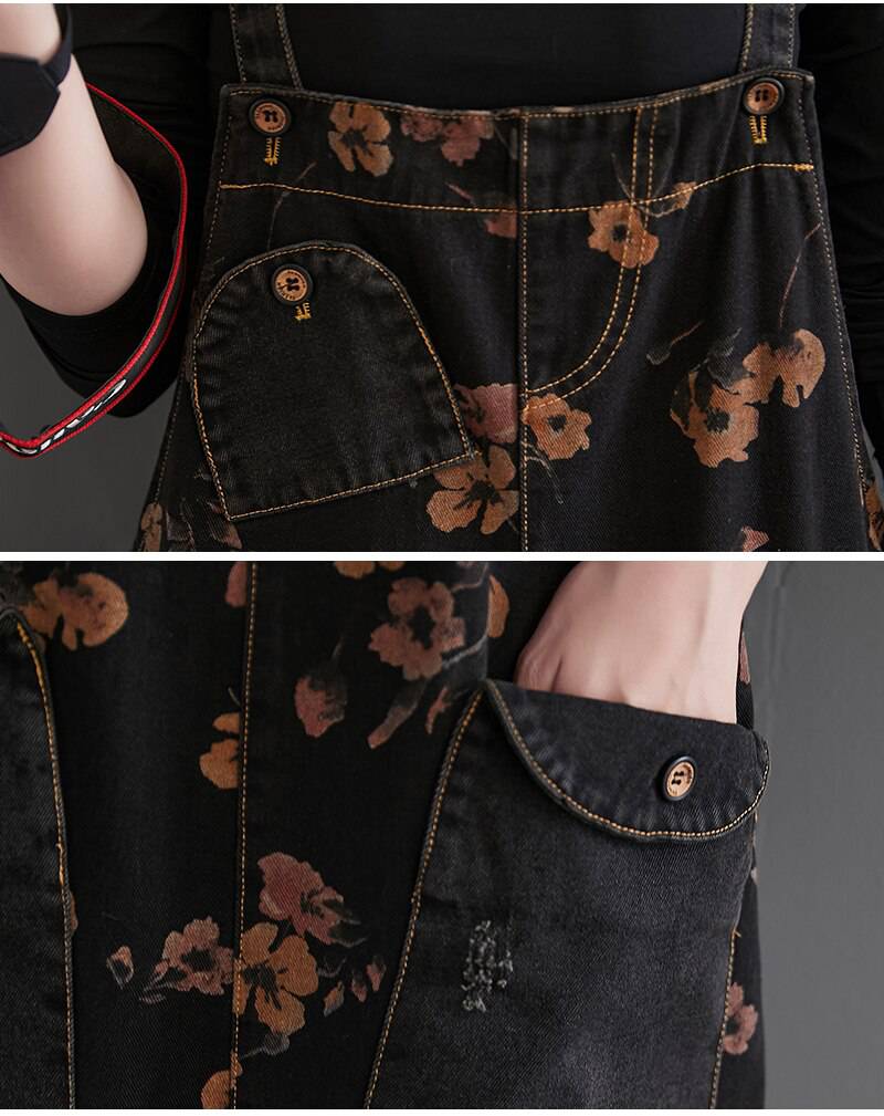 Black Denim Overalls Oversized Floral Print OUT0767