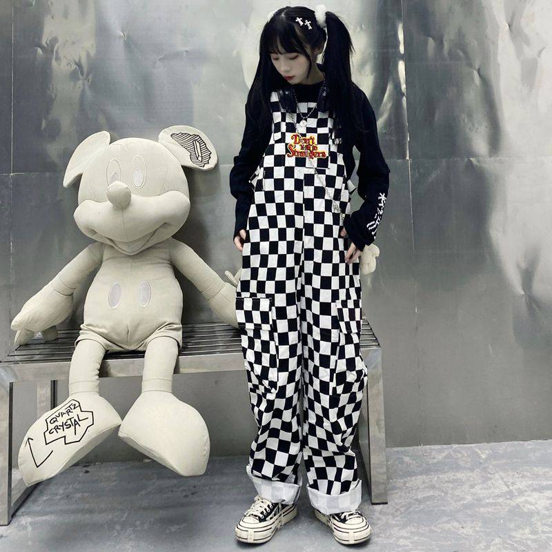 Black White Cow Plaid Overalls Casual Jumpsuit OUT0770