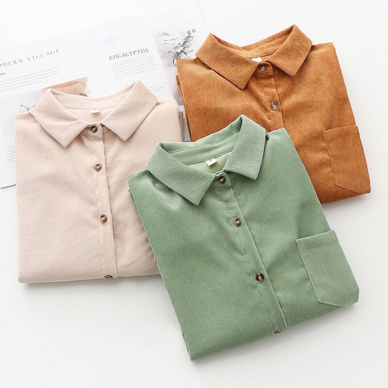 FREE SHIPPING Women's Corduroy Shirt Solid Color OUT0788