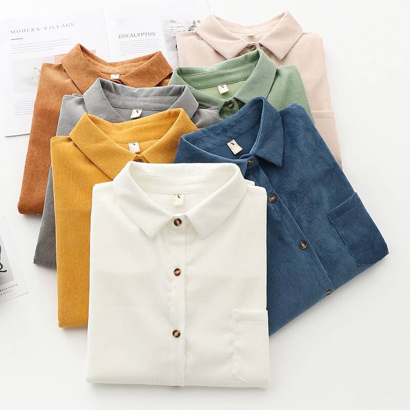 FREE SHIPPING Women's Corduroy Shirt Solid Color OUT0788