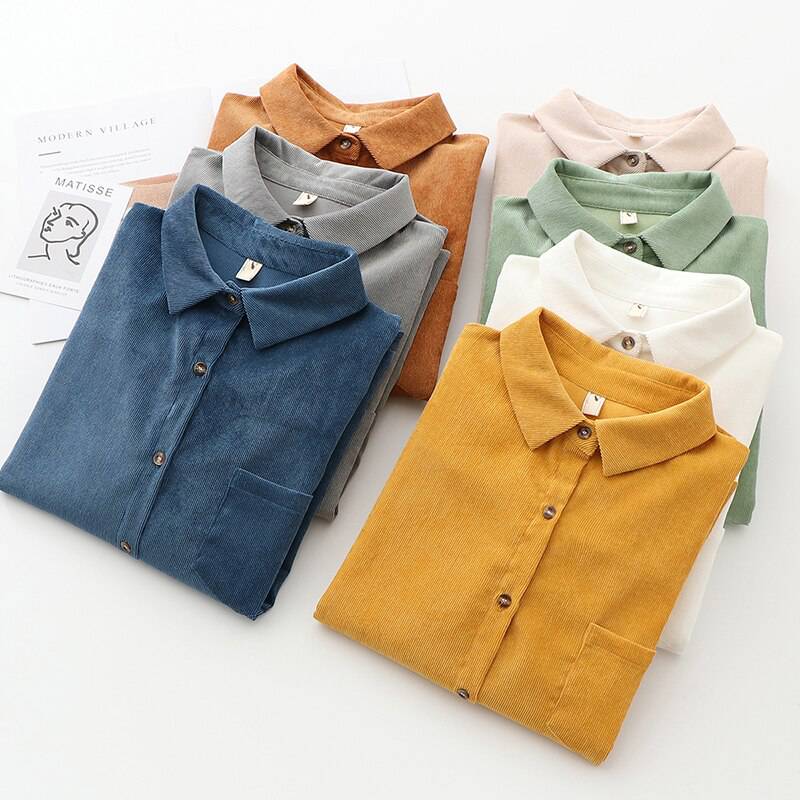 FREE SHIPPING Women's Corduroy Shirt Solid Color OUT0788