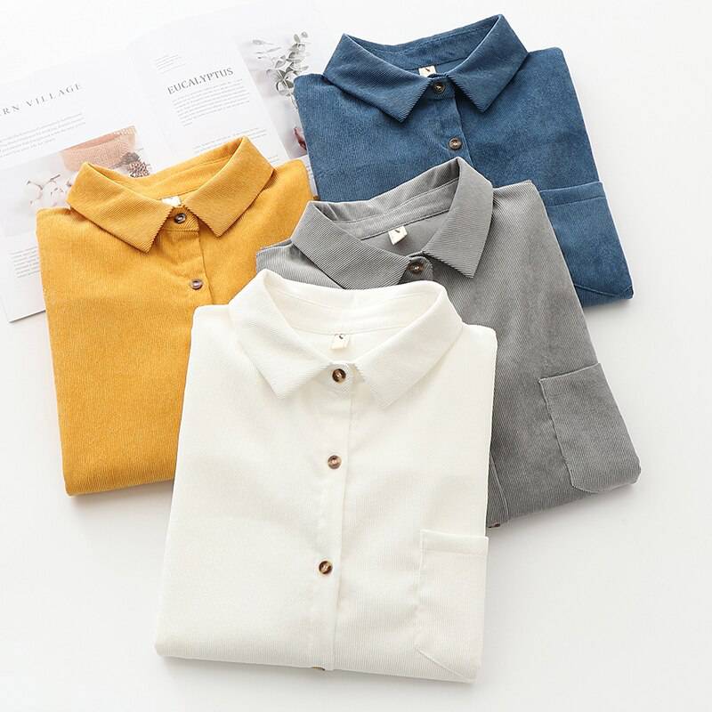 FREE SHIPPING Women's Corduroy Shirt Solid Color OUT0788