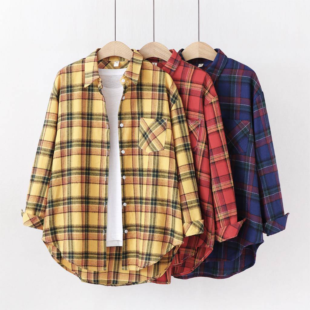 FREE SHIPPING Vintage Plaid Shirt Long Sleeve OUT0789