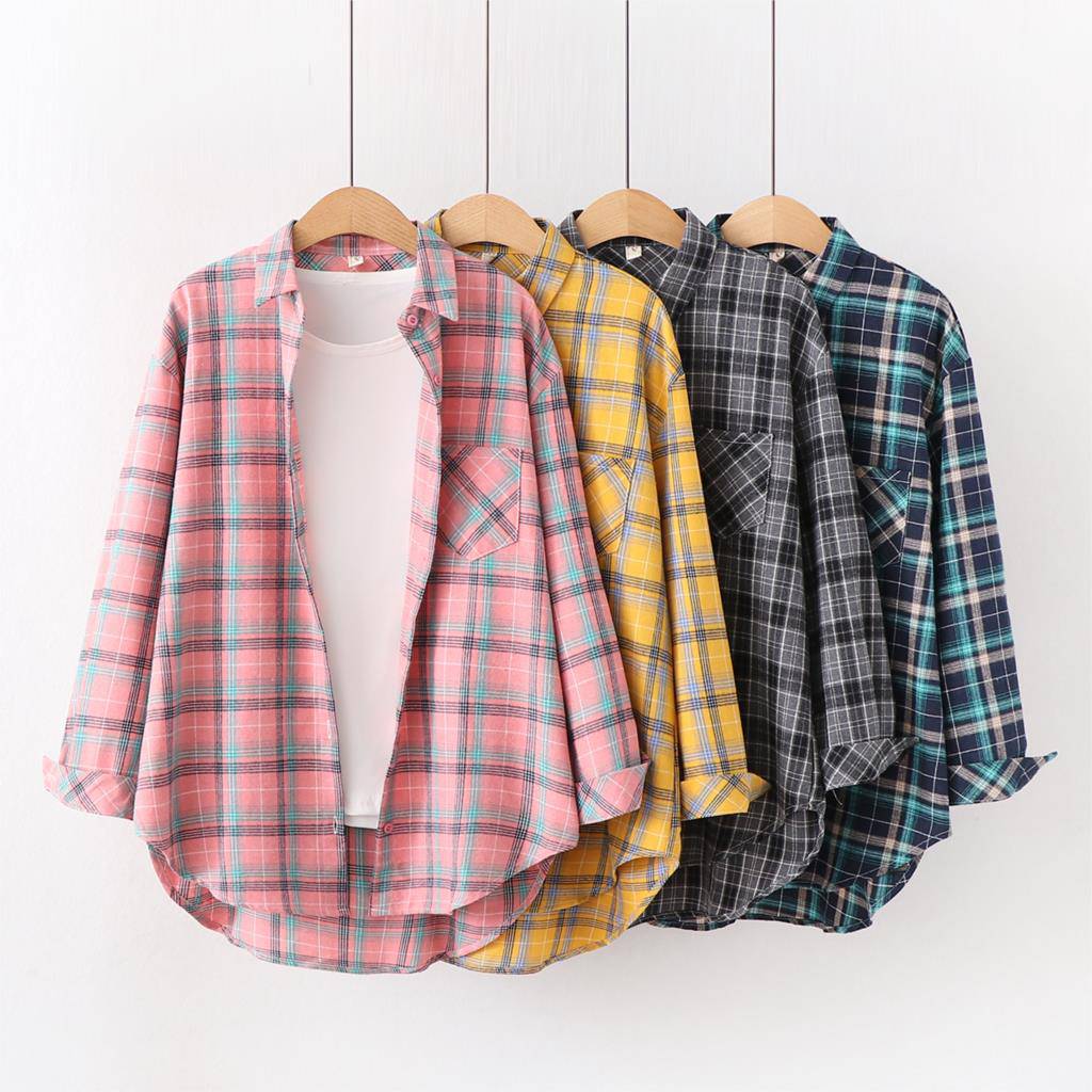 FREE SHIPPING Vintage Plaid Shirt Long Sleeve OUT0789