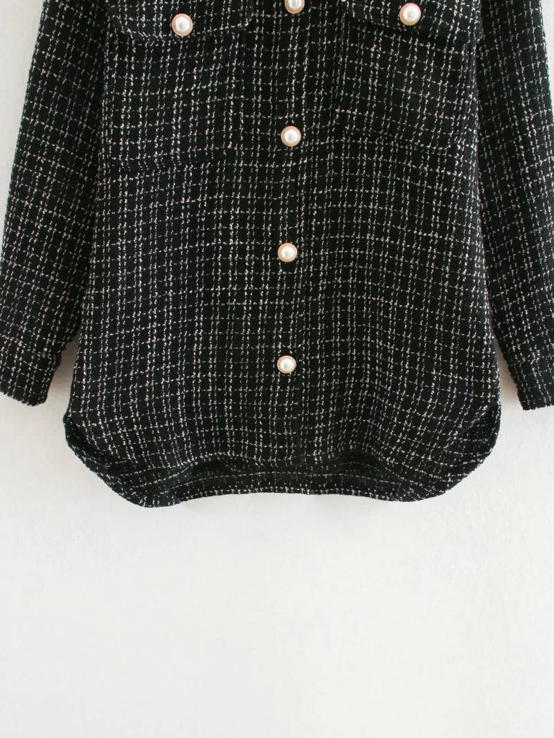Tweed Women Pearl Button Shirts 2021 Spring Fashion Ladies Oversize Thick Shirt Streetwear Female Outfits Cute Girls Chic Shirts