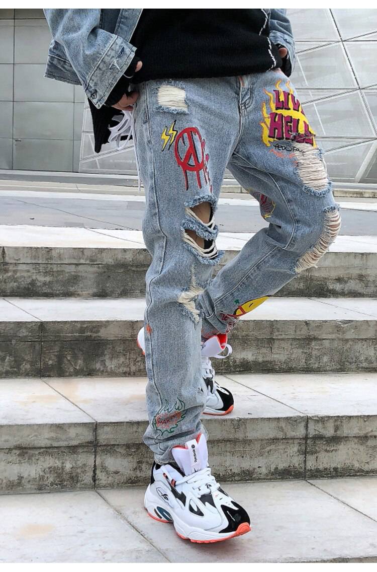 Streetwear Graffiti Denim Pants Ripped Patchwork OUT0800