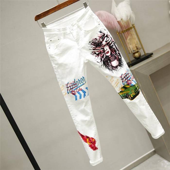 Women White Denim Jeans Cartoon Graffiti Flowers Print OUT0801
