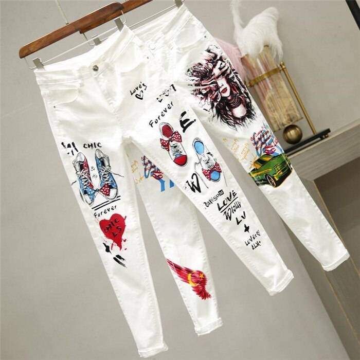 Women White Denim Jeans Cartoon Graffiti Flowers Print OUT0801