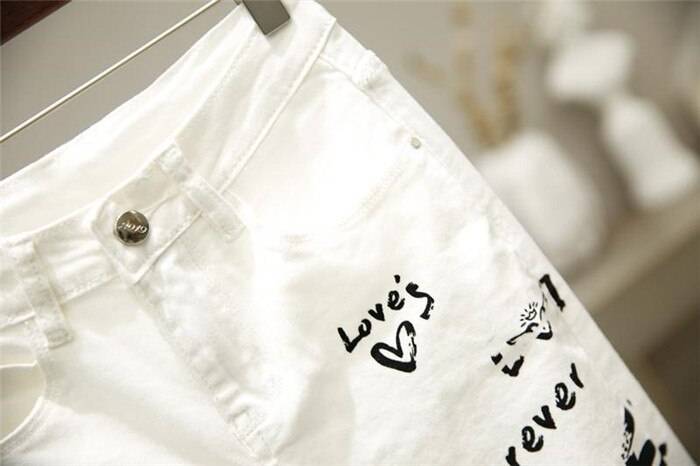 Women White Denim Jeans Cartoon Graffiti Flowers Print OUT0801