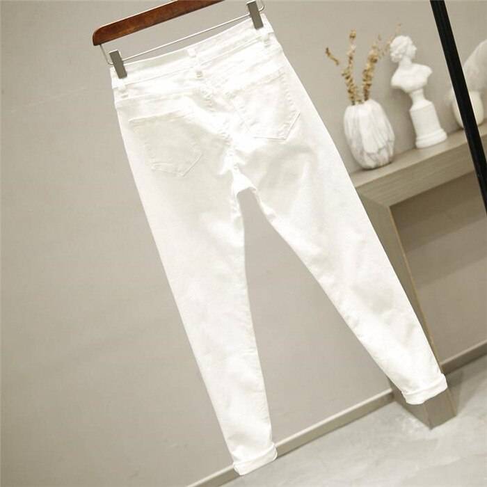 Women White Denim Jeans Cartoon Graffiti Flowers Print OUT0801