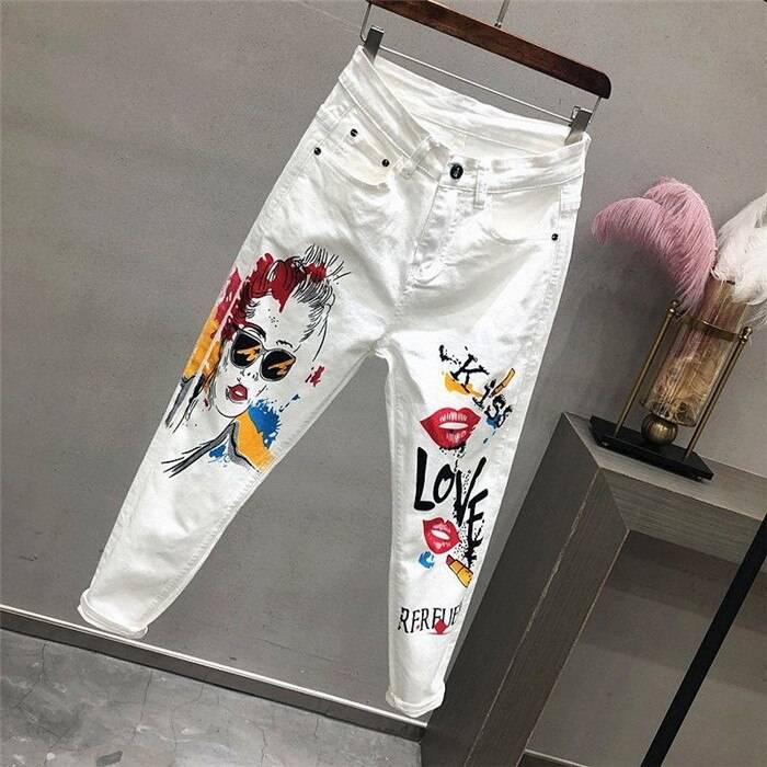 plus Size Women White Denim Jeans Cartoon Graffiti Flowers Print Stretched Hallen Jeans Pencil Pants Autumn Skinny Jeans LU1271