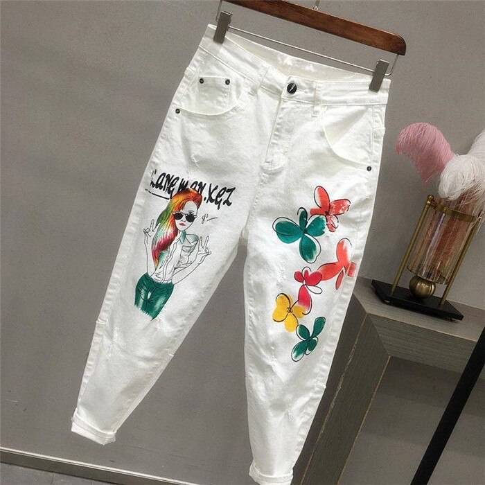 Women White Denim Jeans Cartoon Graffiti Flowers Print OUT0801