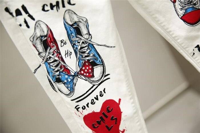 plus Size Women White Denim Jeans Cartoon Graffiti Flowers Print Stretched Hallen Jeans Pencil Pants Autumn Skinny Jeans LU1271