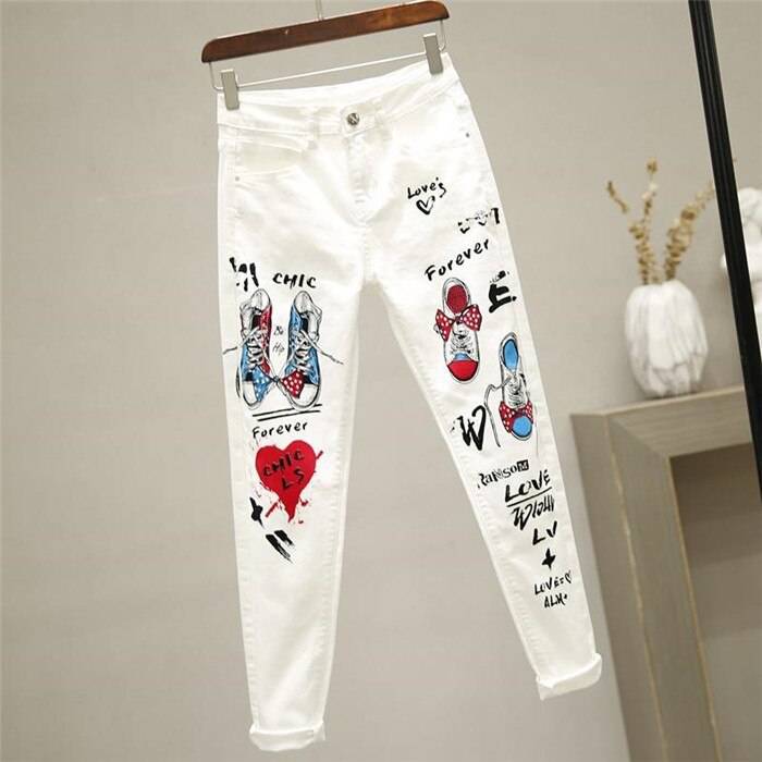 Women White Denim Jeans Cartoon Graffiti Flowers Print OUT0801