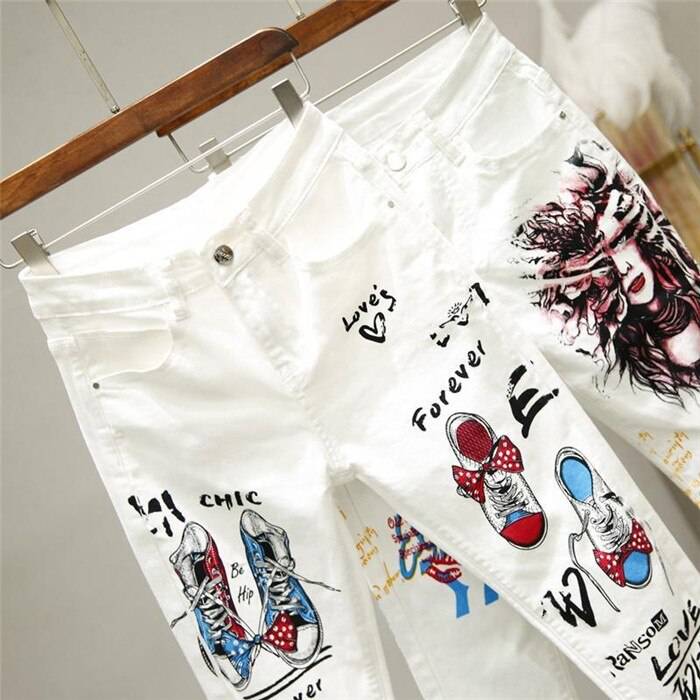 Women White Denim Jeans Cartoon Graffiti Flowers Print OUT0801