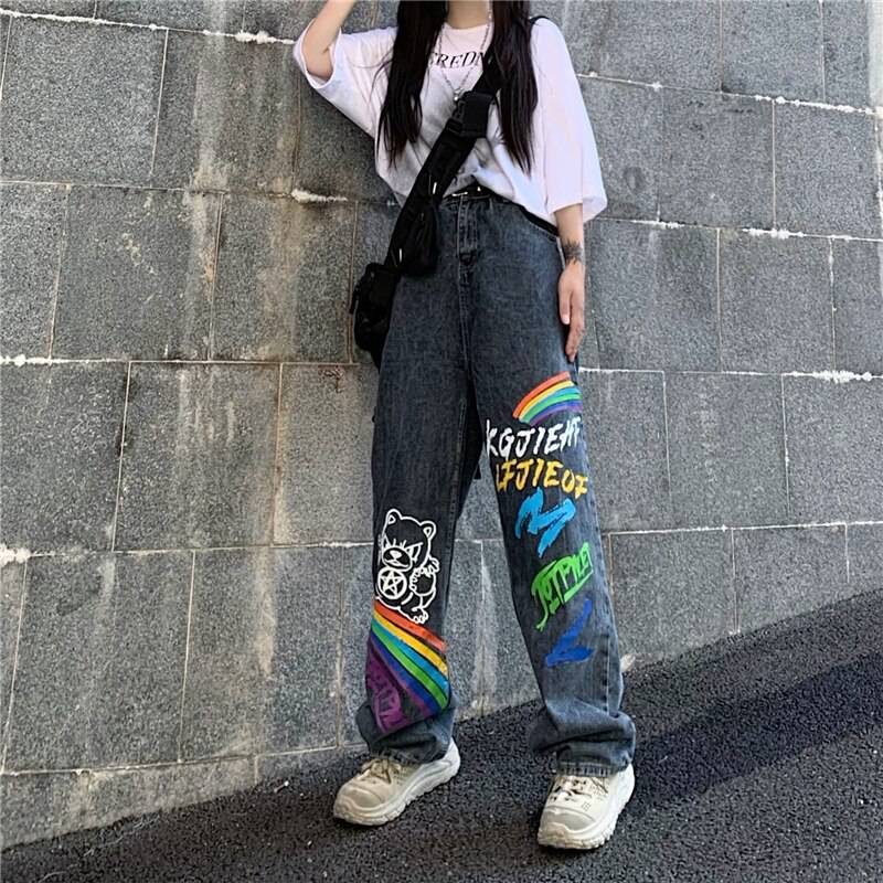 2021 New Casual Streetwear Jeans Cowboy Graffiti Print OUT0802