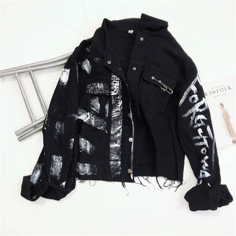 Streetwear Women Denim Jacket Graffiti Print OUT0803