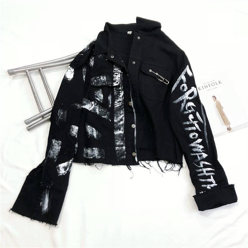 Streetwear Women Denim Jacket Graffiti Print OUT0803