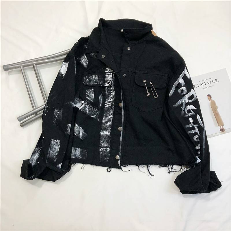 Streetwear Women Denim Jacket Graffiti Print OUT0803