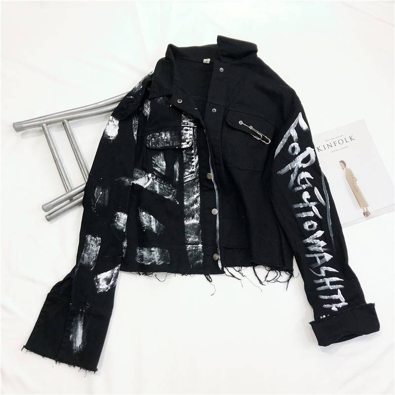 Streetwear Women Denim Jacket Graffiti Print OUT0803