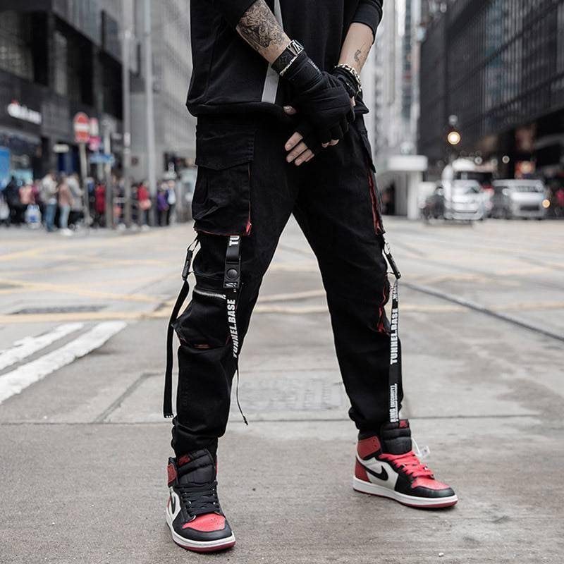 2020 Joggers Cargo Pants for Men Casual Hip Hop Hit Color Pocket Male Trousers Sweatpants Streetwear Ribbons Techwear Pants