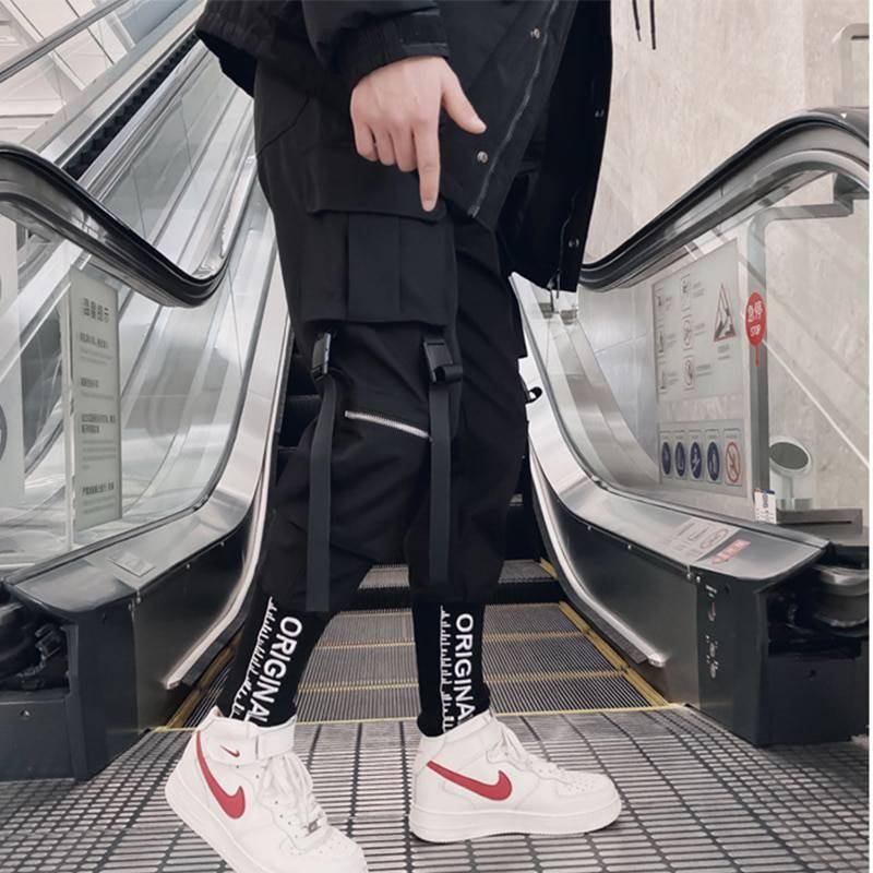 2020 Joggers Cargo Pants for Men Casual Hip Hop Hit Color Pocket Male Trousers Sweatpants Streetwear Ribbons Techwear Pants