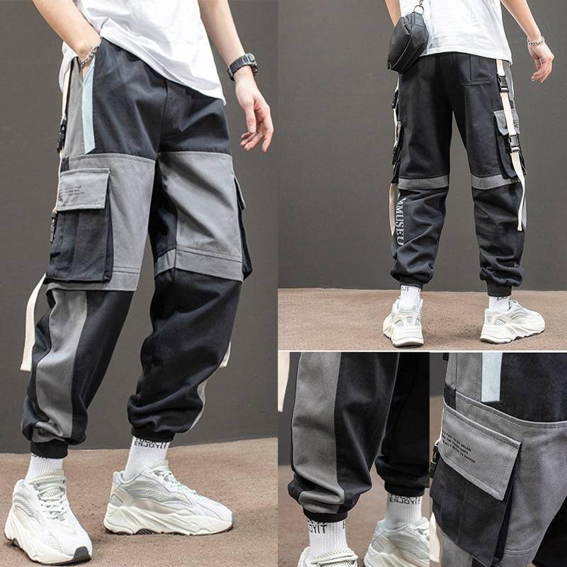 2020 Joggers Cargo Pants for Men Casual Hip Hop Hit Color Pocket Male Trousers Sweatpants Streetwear Ribbons Techwear Pants