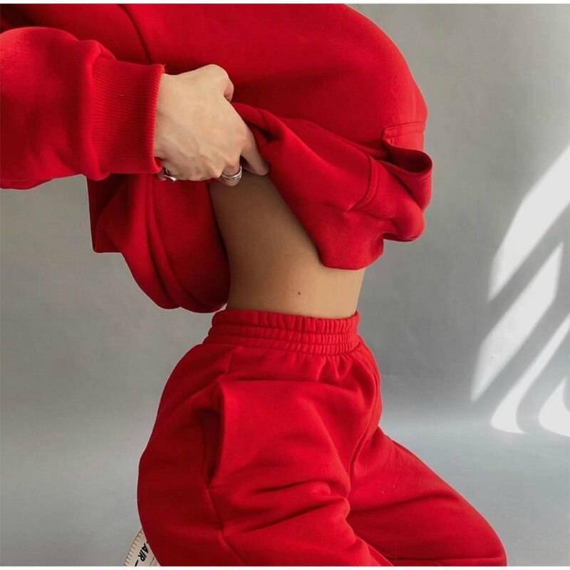 Women Elegant Solid Sets For Women Warm Hoodie Sweatshirts And Long Pant Fashion Two Piece Sets Ladies Lace Up Sweatshirt Suits